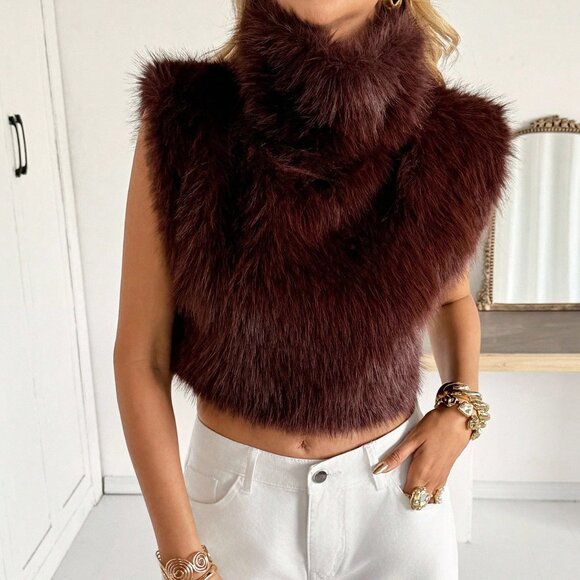 Brown Preppy Women's Faux Fur Turtleneck Cropped Vest Top - Picture 7 of 8